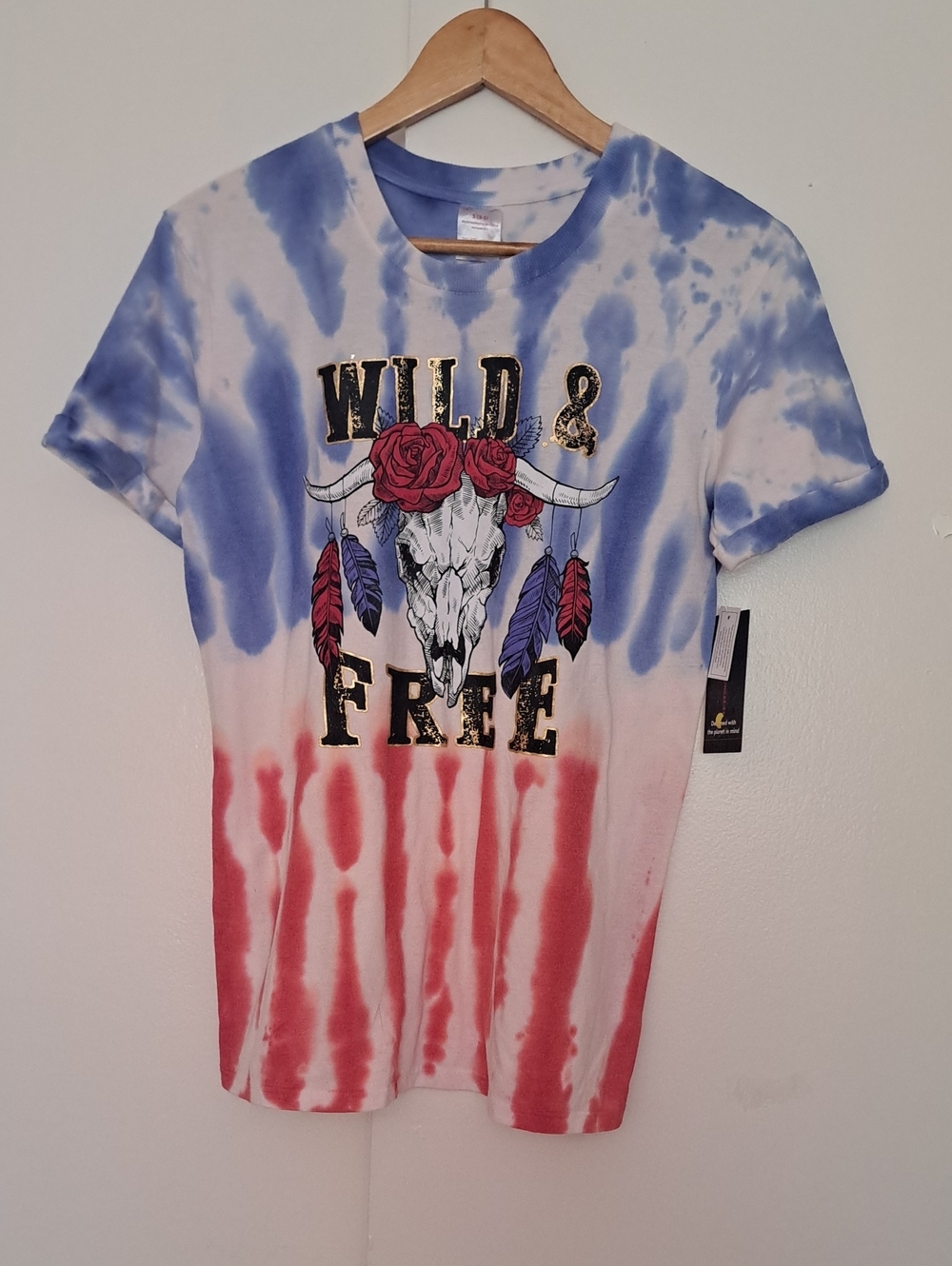 No Boundaries Tie-Dye "Wild & Free" Graphic Tee - Red, Blue & White